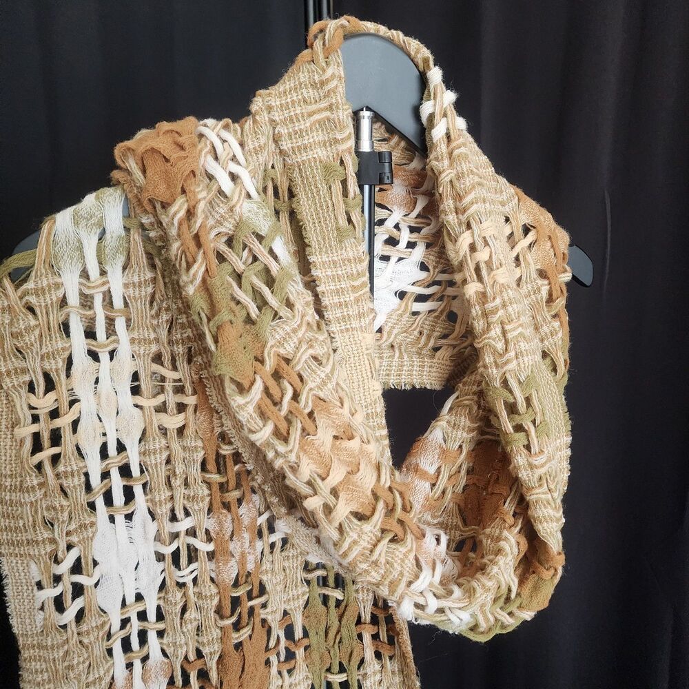 Suantrai Open Weave Scarf Wrap – Earth Tones, Fringe, 100% New Wool